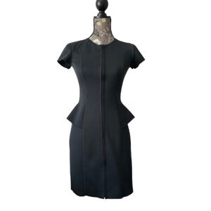 Theory Sz. 0 Tenna Black Neoprene Peplum Sheath Short Sleeve Zip Up Pencil Dress